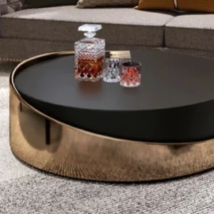 Centre Table for Drawing Room – Rose Gold Stainless Steel Round Frame with Matt Black Wooden Top