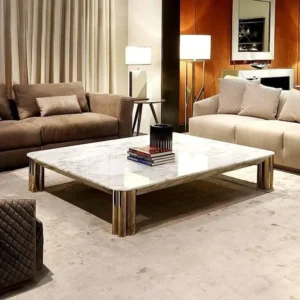 Golden Low Height Center Table for Living Room in White Marble Top