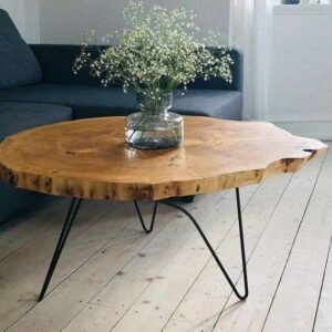 Modern Centre Table – Single Wood Log Top with Rust-free Black Metal Stands