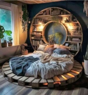 Round Low Floor Wooden Bed with Backside Shelves