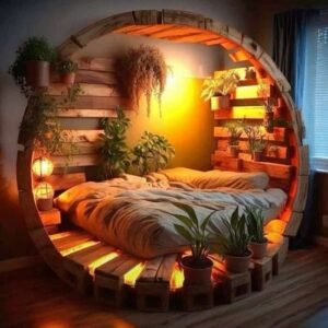Wooden Bed in Cute Basket Design with Planters Stands & Backlits