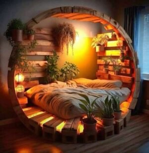 Wooden Bed in Cute Basket Design with Planters Stands & Backlits