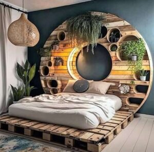 Round Double Bed with Wooden Backside Shelves