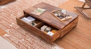 Coffee Table Teak Wood with Drawers | Low Height Wooden Center Table for Living Room