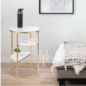 Gold End Table with 3 Tier Marble Shelf